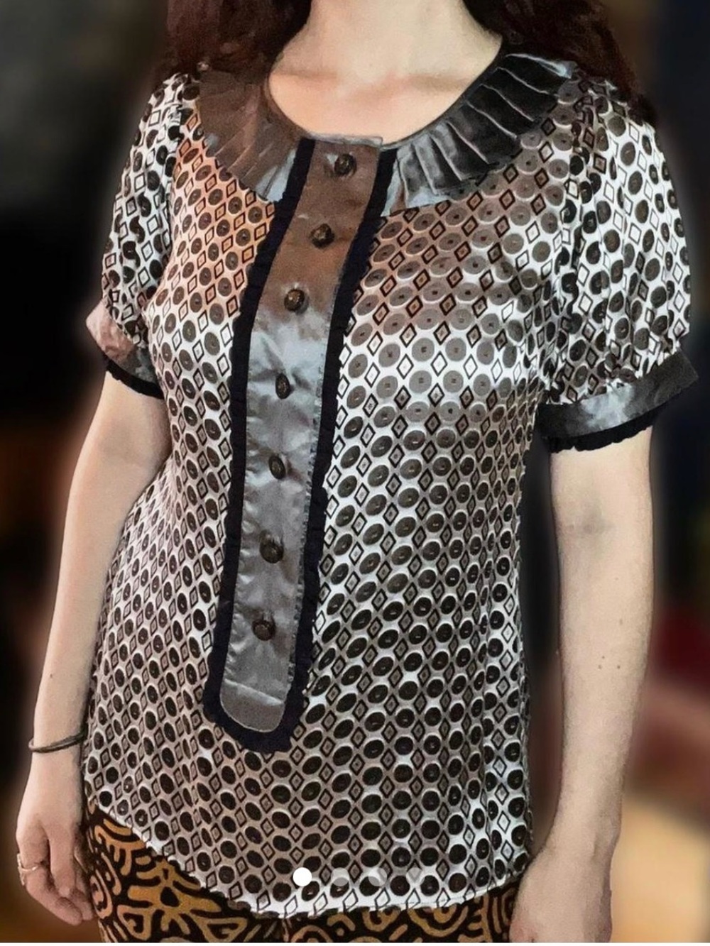BB Dakota Silver Geometric Satin Button Front Blouse